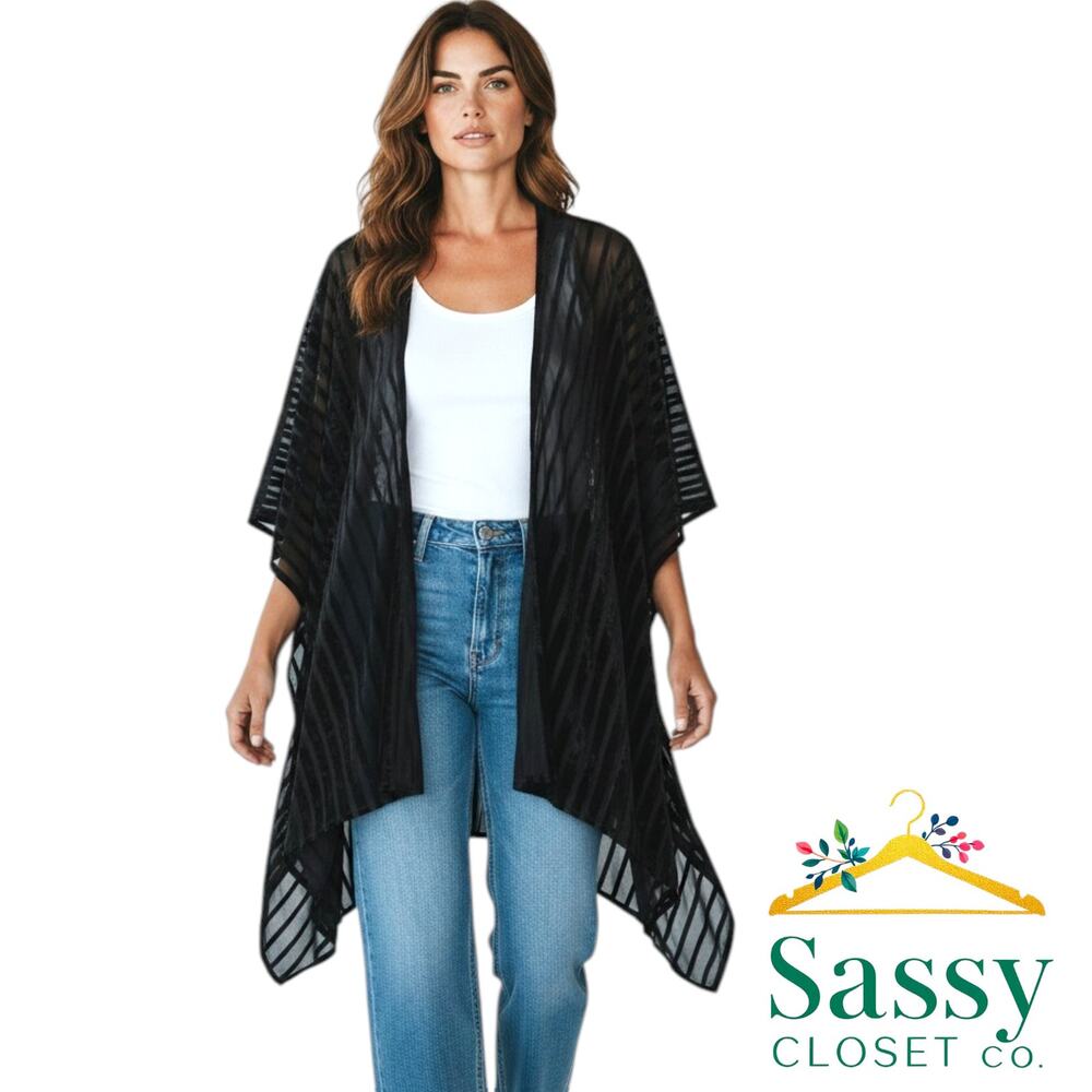 Do Everything In Love Wrap Cape OS NWOT Black Sheer Stripe Kimono Cardigan